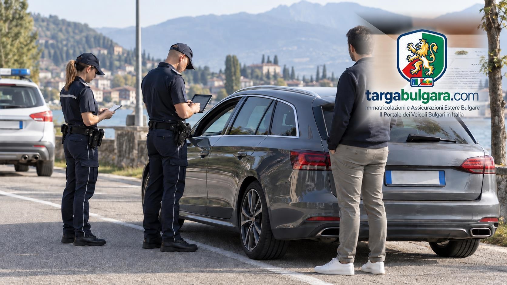 controllo stradale veicolo immatricolato estero documenti assicurazione targa bulgara italia: immagine informativa per chi cerca «reve registro veicoli esteri» e «reve registro veicoli esteri online», con riferimento a documenti, assicurazione, immatricolazione, verifica e consulenza per un veicolo con targa estera in Italia.